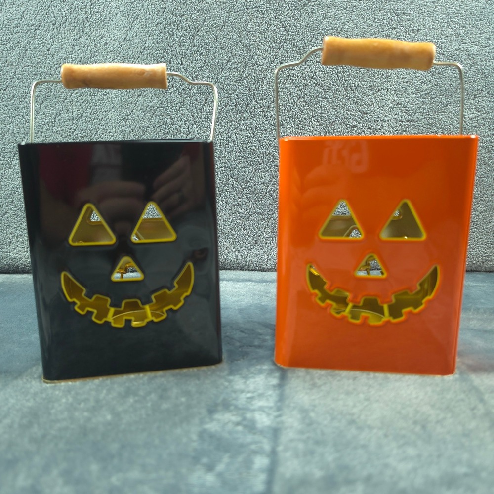 Halloween Jack-O-Lantern Metal Candle Lanterns Set of 2 Orange Black Pumpkin Tin